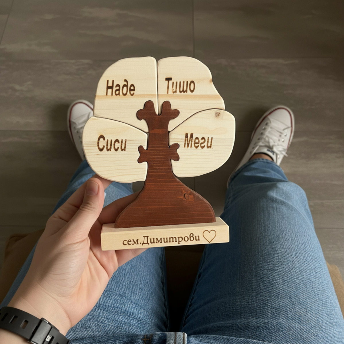 Ръчно изработено семейно дърво с гравирани имена