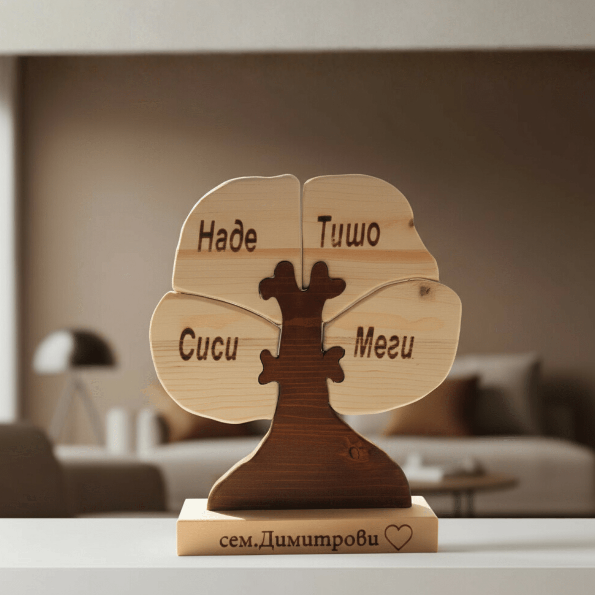 Ръчно изработено семейно дърво с гравирани имена